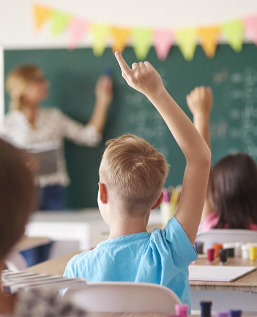 Boy with hand raised in classroom